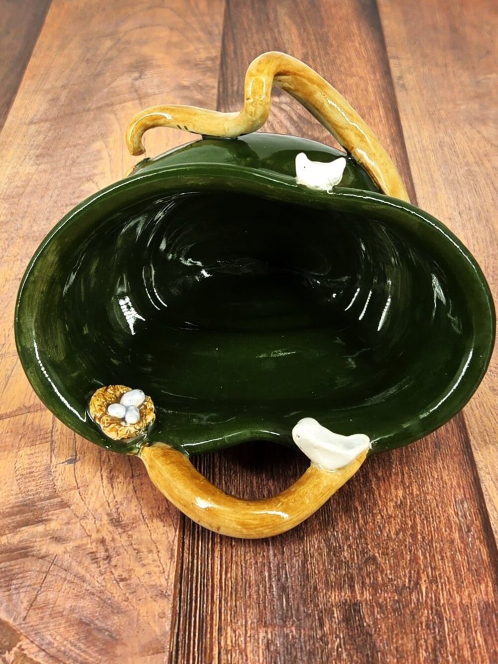 Unmarked Handmade Pottery Bowl/Wall Pocket 2 Birds & Nest Twining Vine Accents